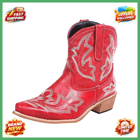 Cowboy Ankle Booties Pointed Toe Chunky Heel Embroidered Western Cowgirl Boots